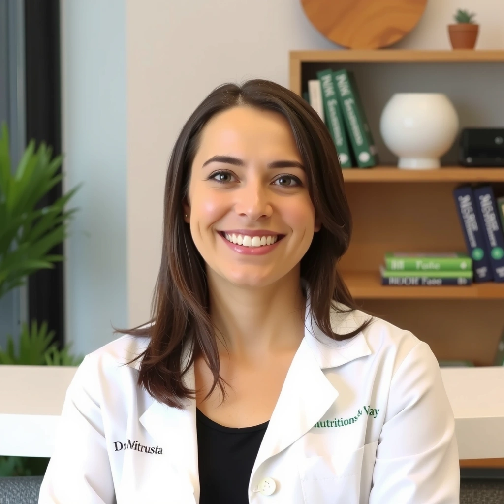 Portretul Dr. Elena Popescu, o nutriționistă zâmbitoare și încrezătoare, într-un cadru profesional.