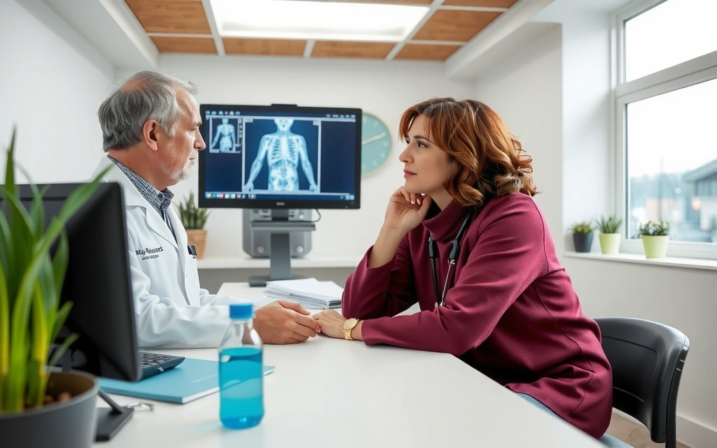 Doctor și pacient discutând despre rezultatele analizelor medicale pe un ecran de computer