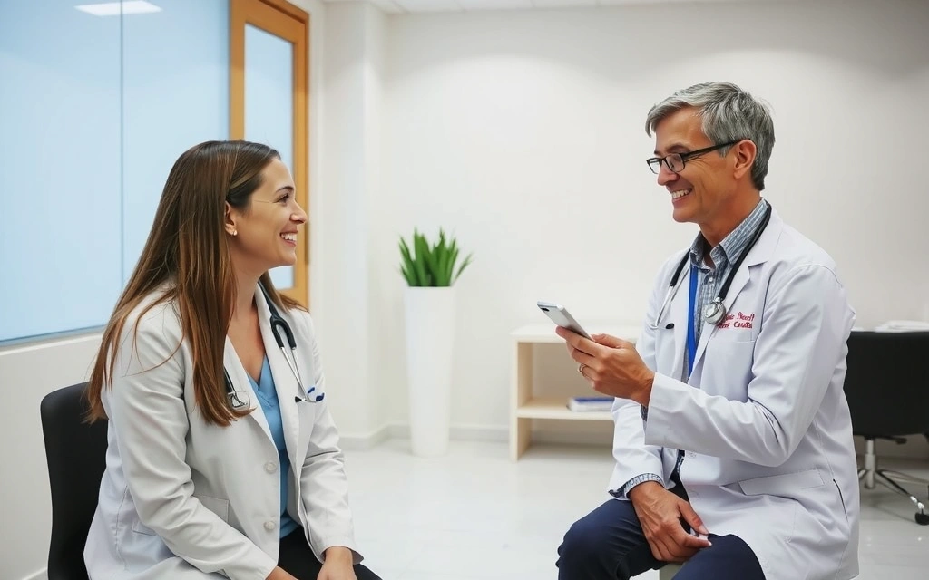 Doctor și pacient discutând într-un cabinet medical, simbolizând consultația profesională și îngrijirea personalizată.