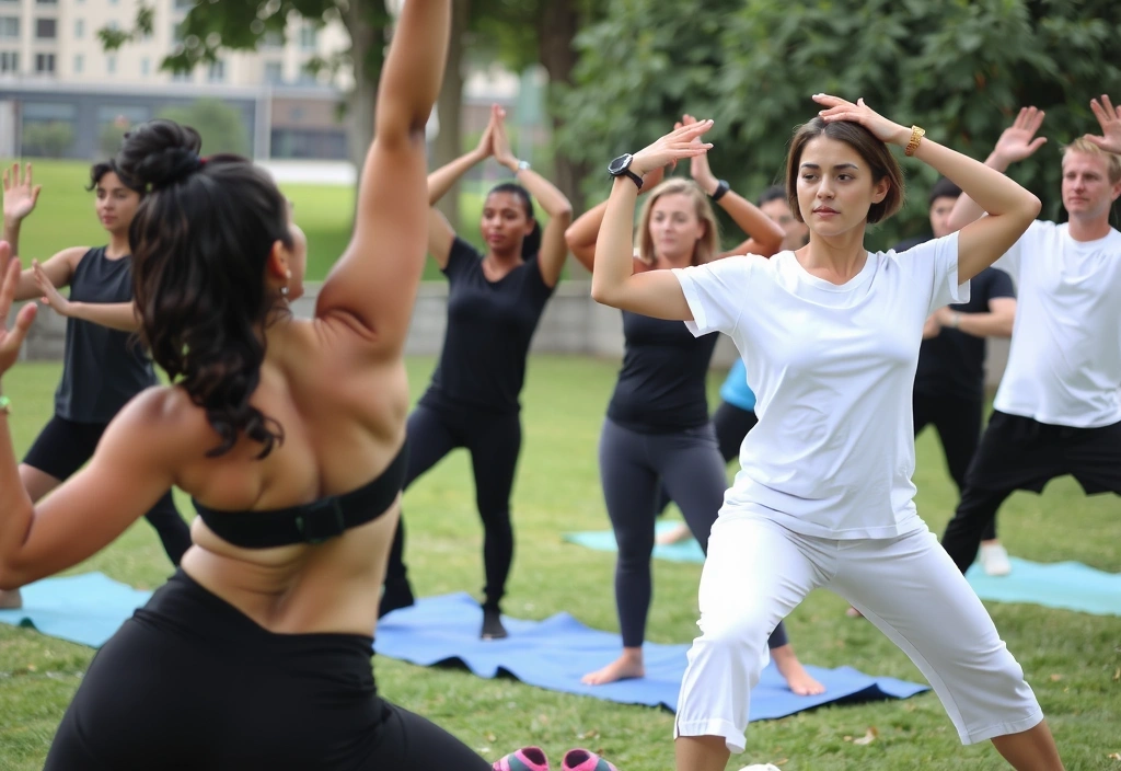 Grup de oameni făcând exerciții de stretching și yoga în aer liber.