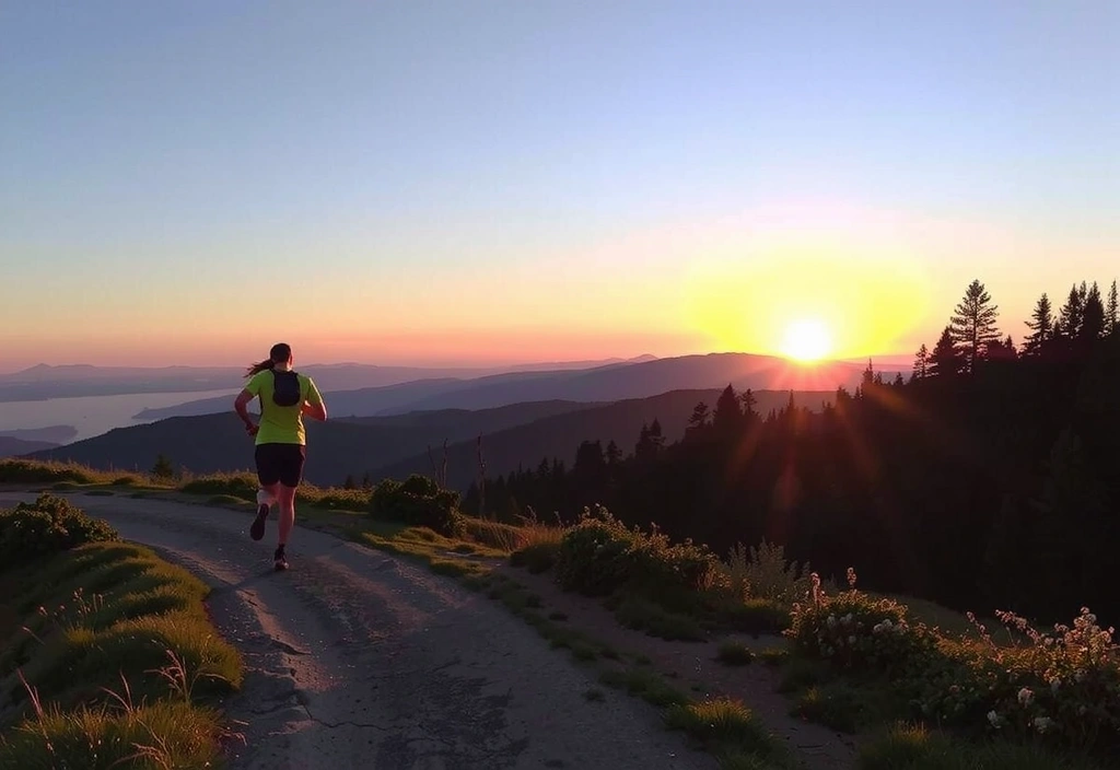 Persoană alergând pe un traseu montan la răsărit, ilustrând activitatea fizică și libertatea.