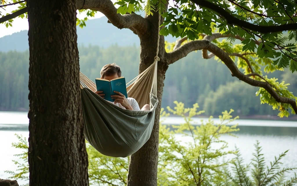 Persoană citind o carte într-un hamac, într-un cadru natural liniștit, simbolizând relaxare și evadare din stres.