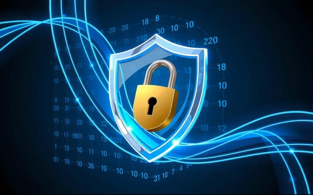 Ilustrație cu un scut digital și un lacăt, simbolizând securitatea cibernetică și protecția datelor.