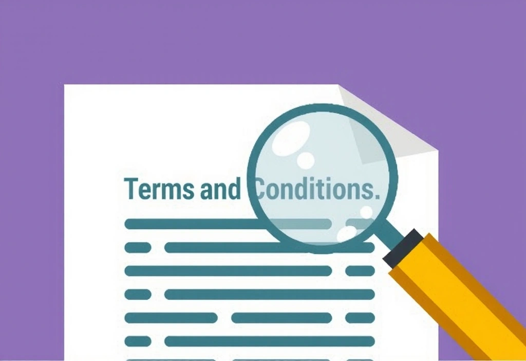 Ilustrație cu un document legal și o lupă, simbolizând citirea termenilor și condițiilor